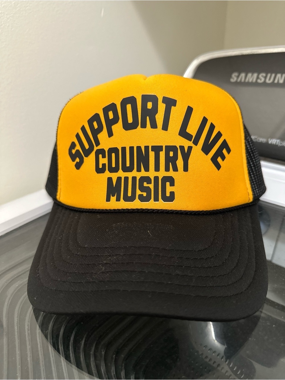 Support Live Country Music Yellow & Black Trucker Hat - Picture 1 of 2
